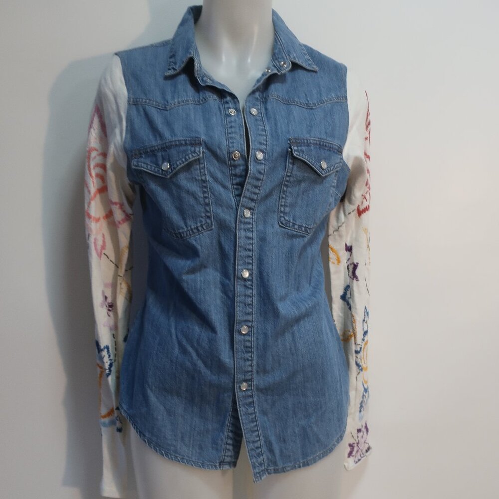 NWT Womens Shapeau Chambray Blue Jean Top/Jacket With Linen Print Sleeves XS/S
